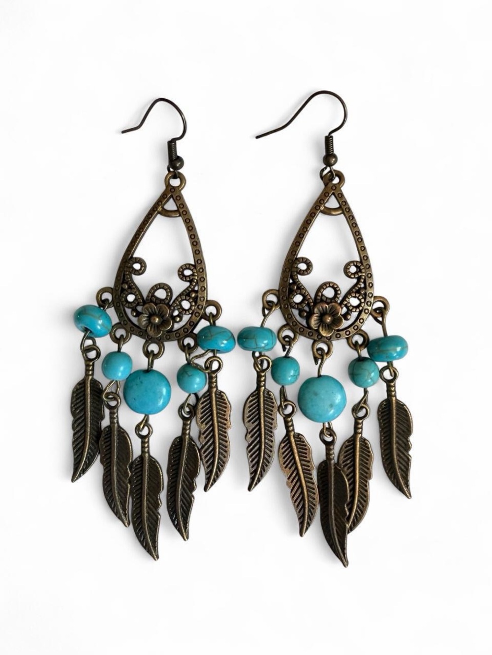 Handmade Bronze Teardrop Chandelier Earrings with Turquoise & Feathers